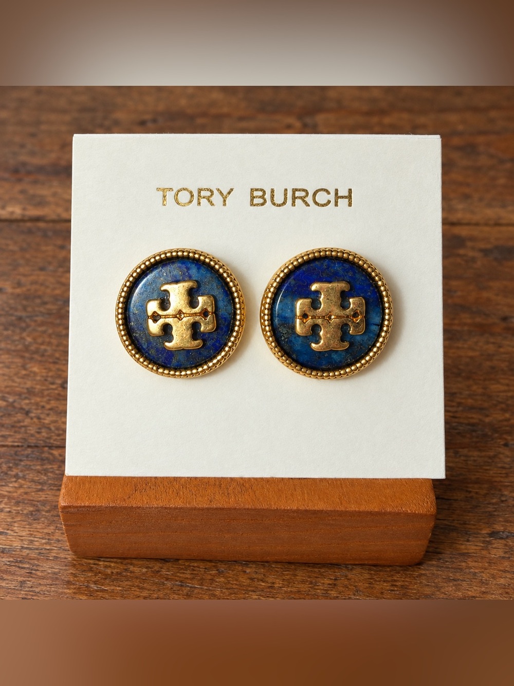 Blue Tory Burch Blue & Gold-Tone Round Double T Logo Stud Earrings